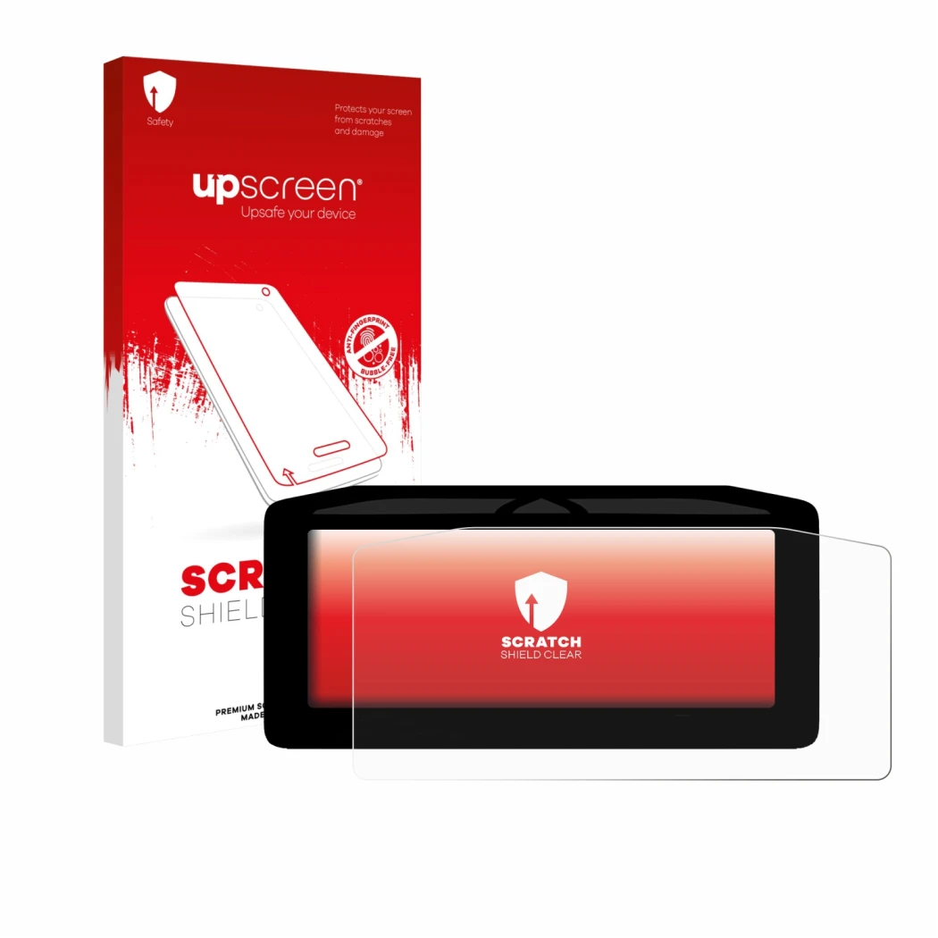 Parte frontal de un envase de producto con el logotipo de la marca upscreen. Al lado se muestra el dispositivo Ducati XDiavel 