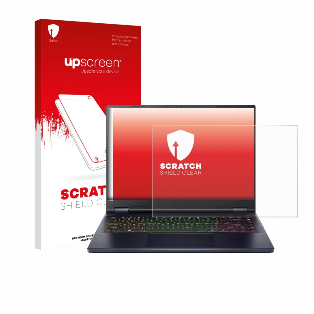 Parte frontal de un envase de producto con el logotipo de la marca upscreen. Al lado se muestra el dispositivo Acer Predator H