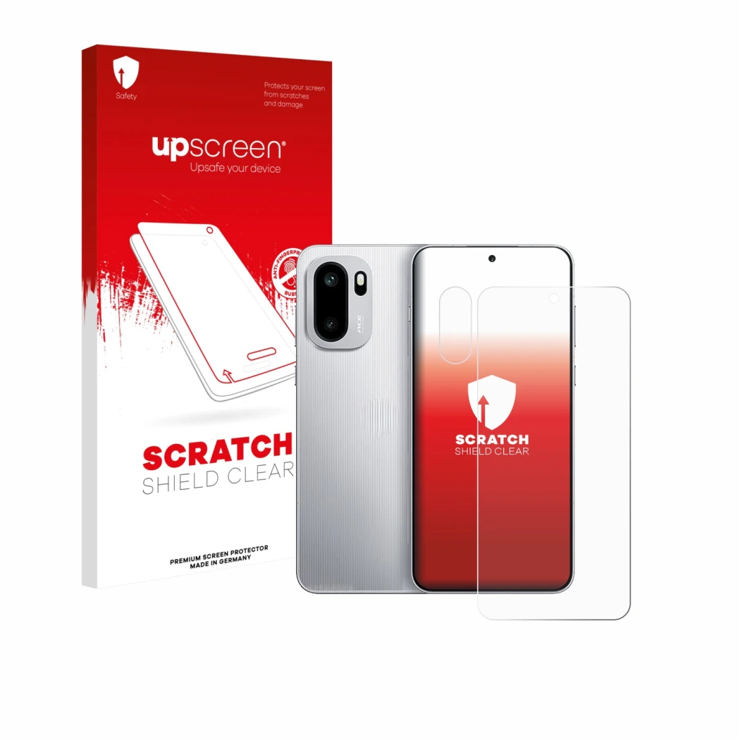 Parte frontal de un envase de producto con el logotipo de la marca upscreen. Al lado se muestra el dispositivo OnePlus Ace 6 (