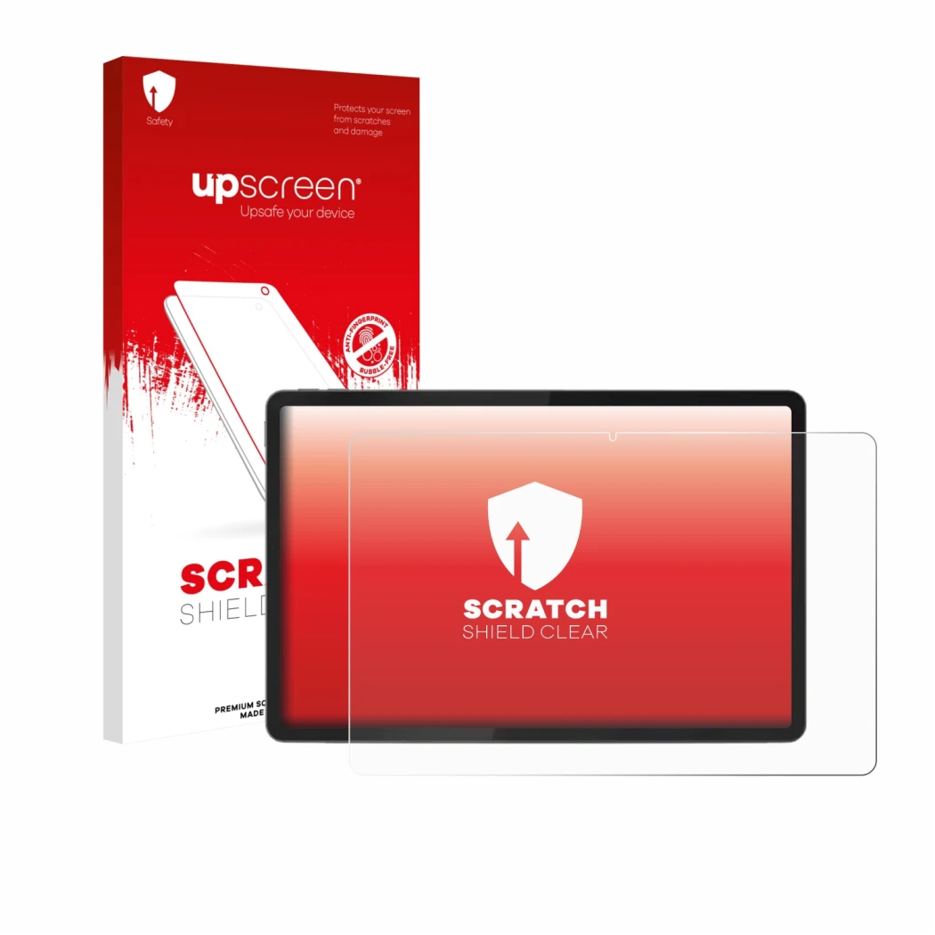 Parte frontal de un envase de producto con el logotipo de la marca upscreen. Al lado se muestra el dispositivo Lenovo Tab K11