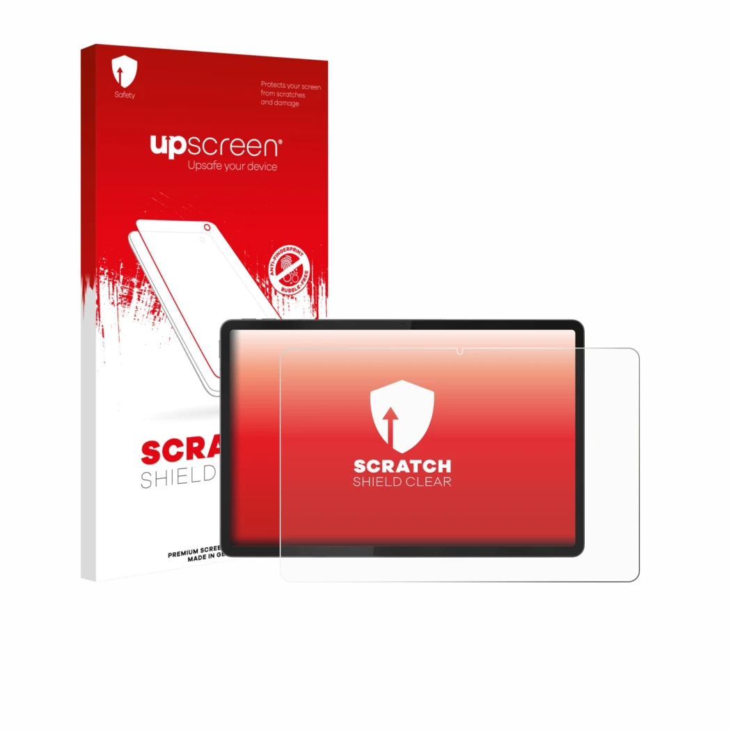 Parte frontal de un envase de producto con el logotipo de la marca upscreen. Al lado se muestra el dispositivo Lenovo Idea Tab