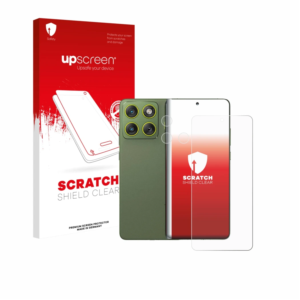 Parte frontal de un envase de producto con el logotipo de la marca upscreen. Al lado se muestra el dispositivo Motorola Edge 7