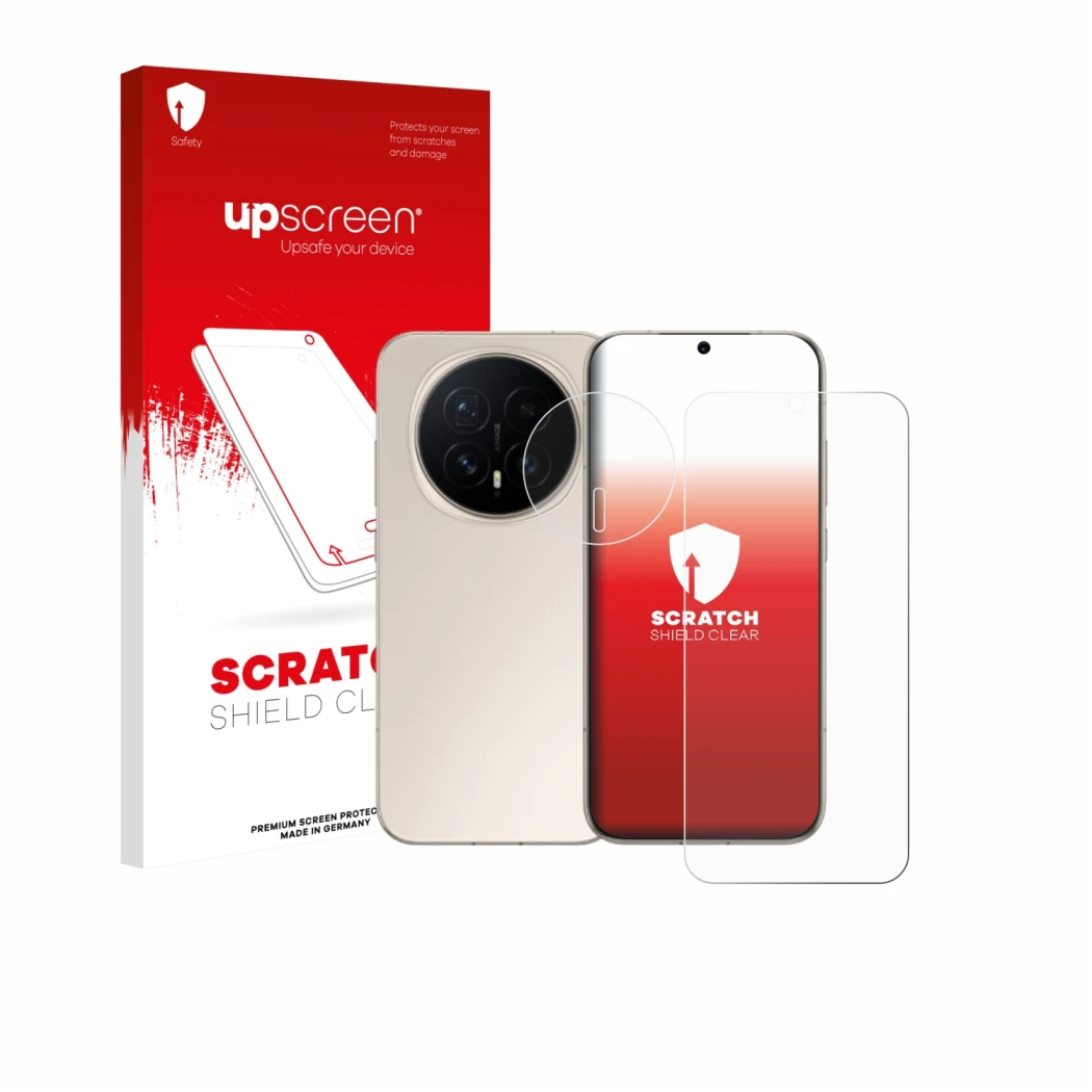 Parte frontal de un envase de producto con el logotipo de la marca upscreen. Al lado se muestra el dispositivo Honor Magic 8 (