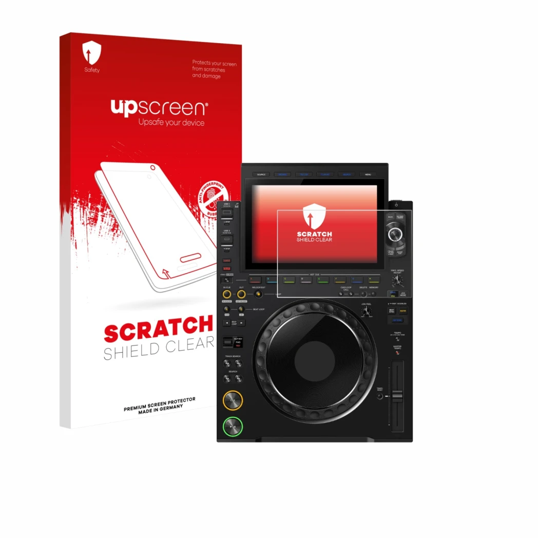 Parte frontal de un envase de producto con el logotipo de la marca upscreen. Al lado se muestra el dispositivo Pioneer CDJ 300