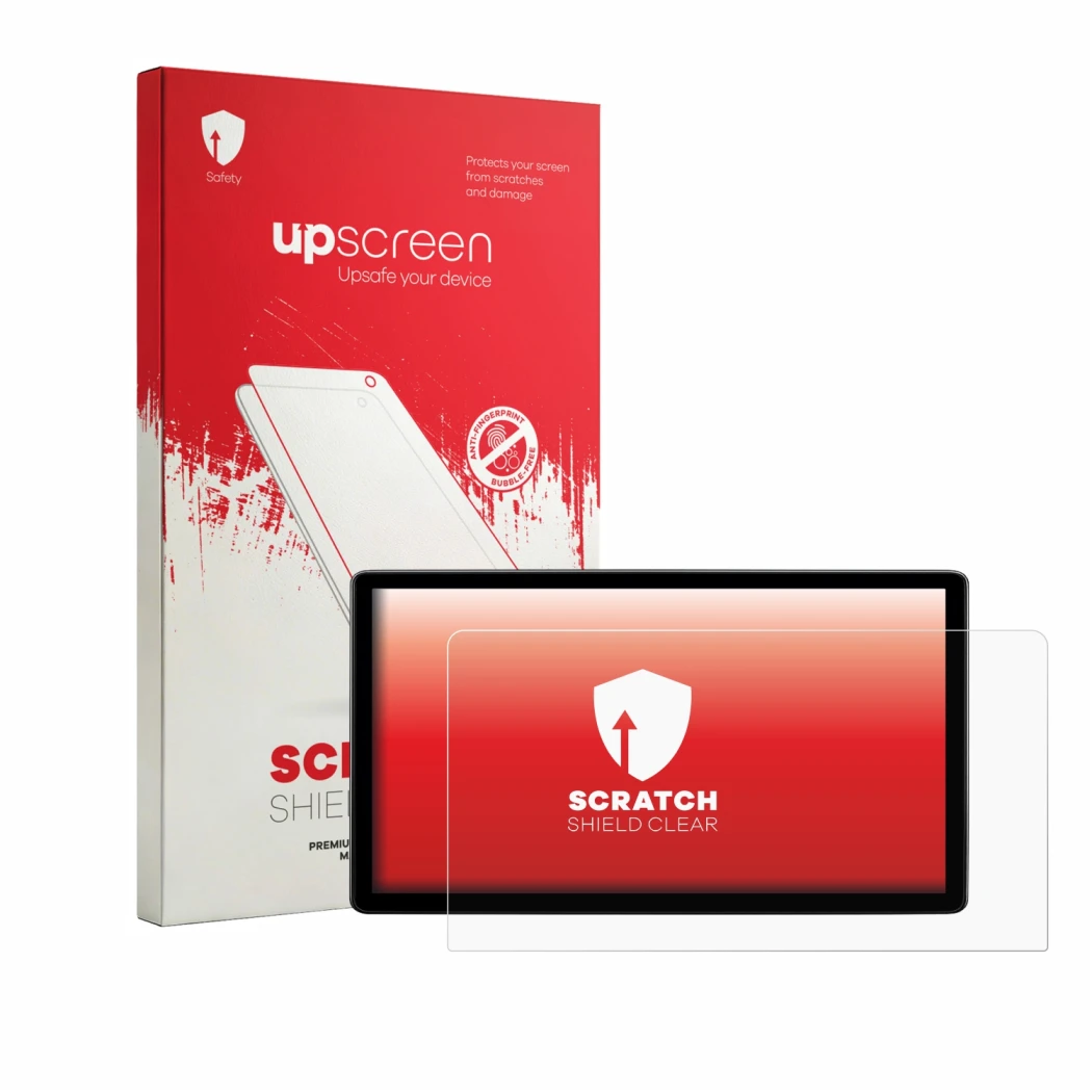 Parte frontal de un envase de producto con el logotipo de la marca upscreen. Al lado se muestra el dispositivo Skoda Elroq 85