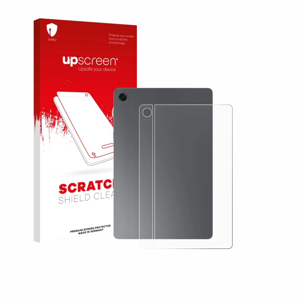 Parte frontal de un envase de producto con el logotipo de la marca upscreen. Al lado se muestra el dispositivo Samsung Galaxy 