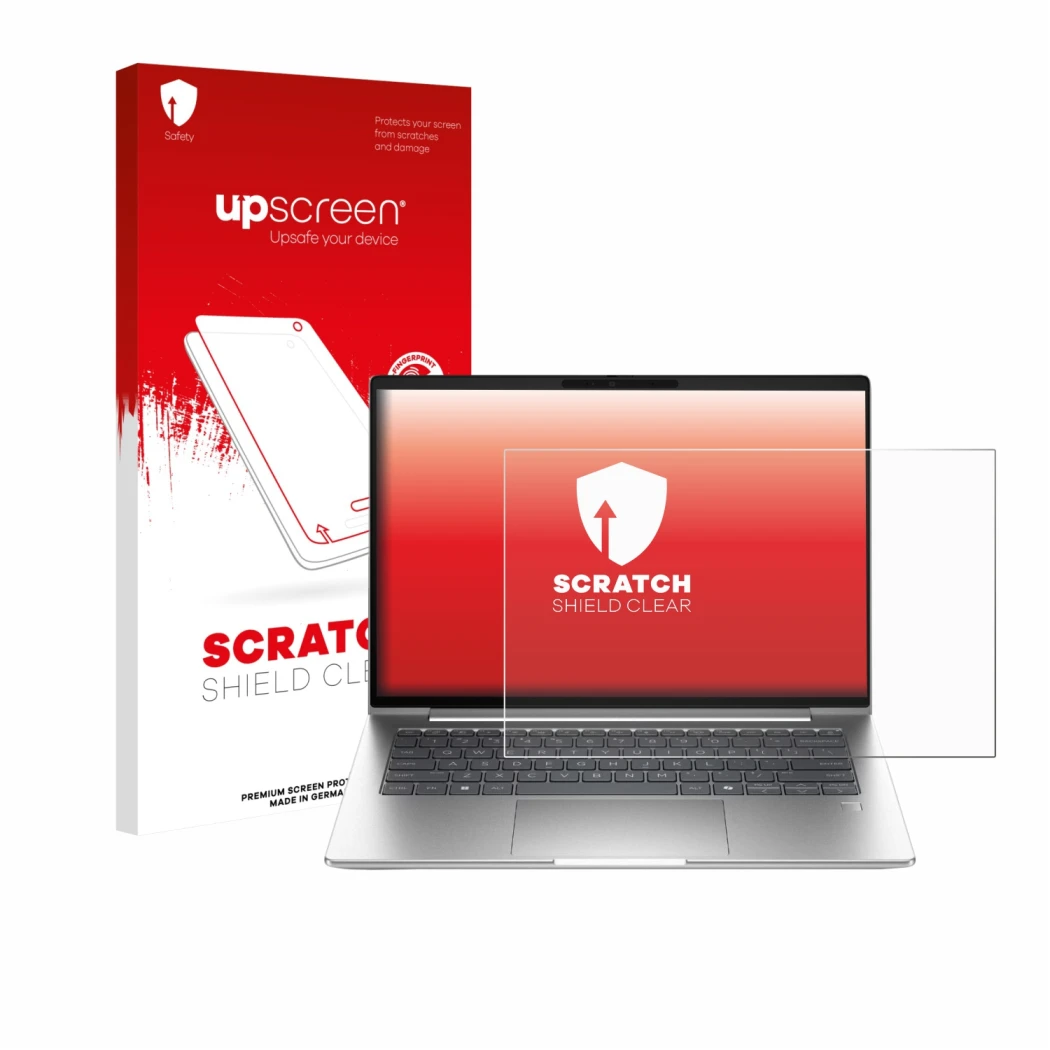 Parte frontal de un envase de producto con el logotipo de la marca upscreen. Al lado se muestra el dispositivo HP ProBook 4 G1