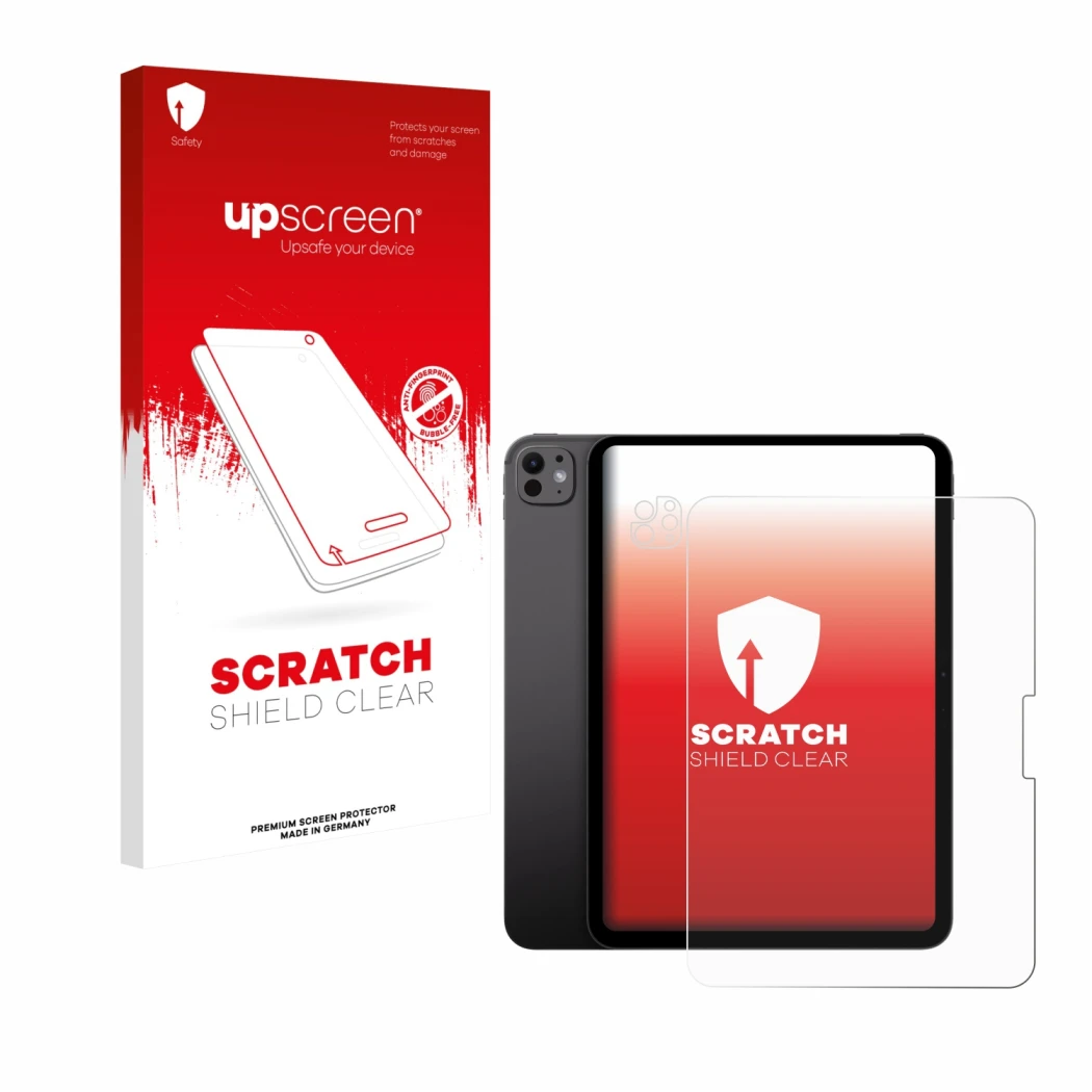 Parte frontal de un envase de producto con el logotipo de la marca upscreen. Al lado se muestra el dispositivo Apple iPad Pro 