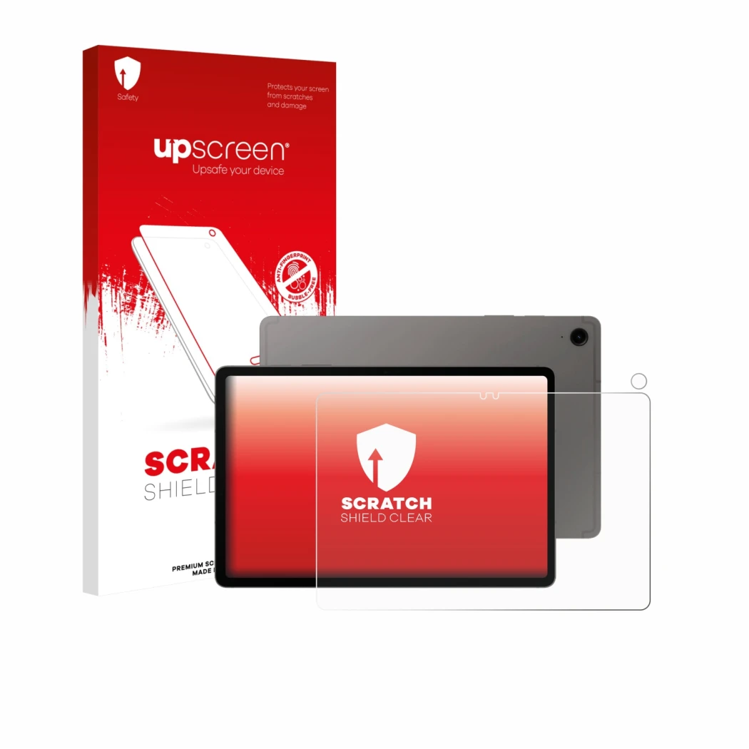 Parte frontal de un envase de producto con el logotipo de la marca upscreen. Al lado se muestra el dispositivo Samsung Galaxy 