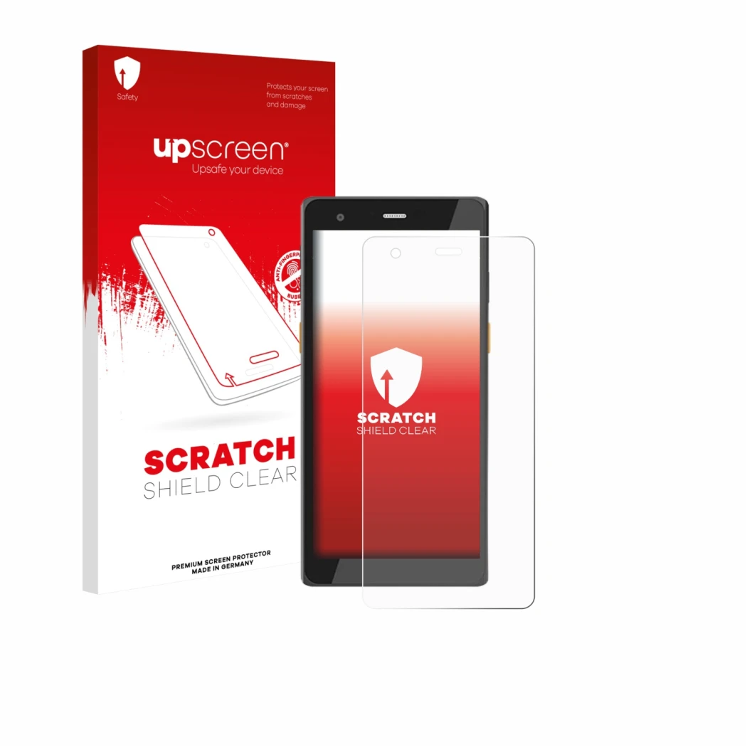 Parte frontal de un envase de producto con el logotipo de la marca upscreen. Al lado se muestra el dispositivo Scorpion 6X V2