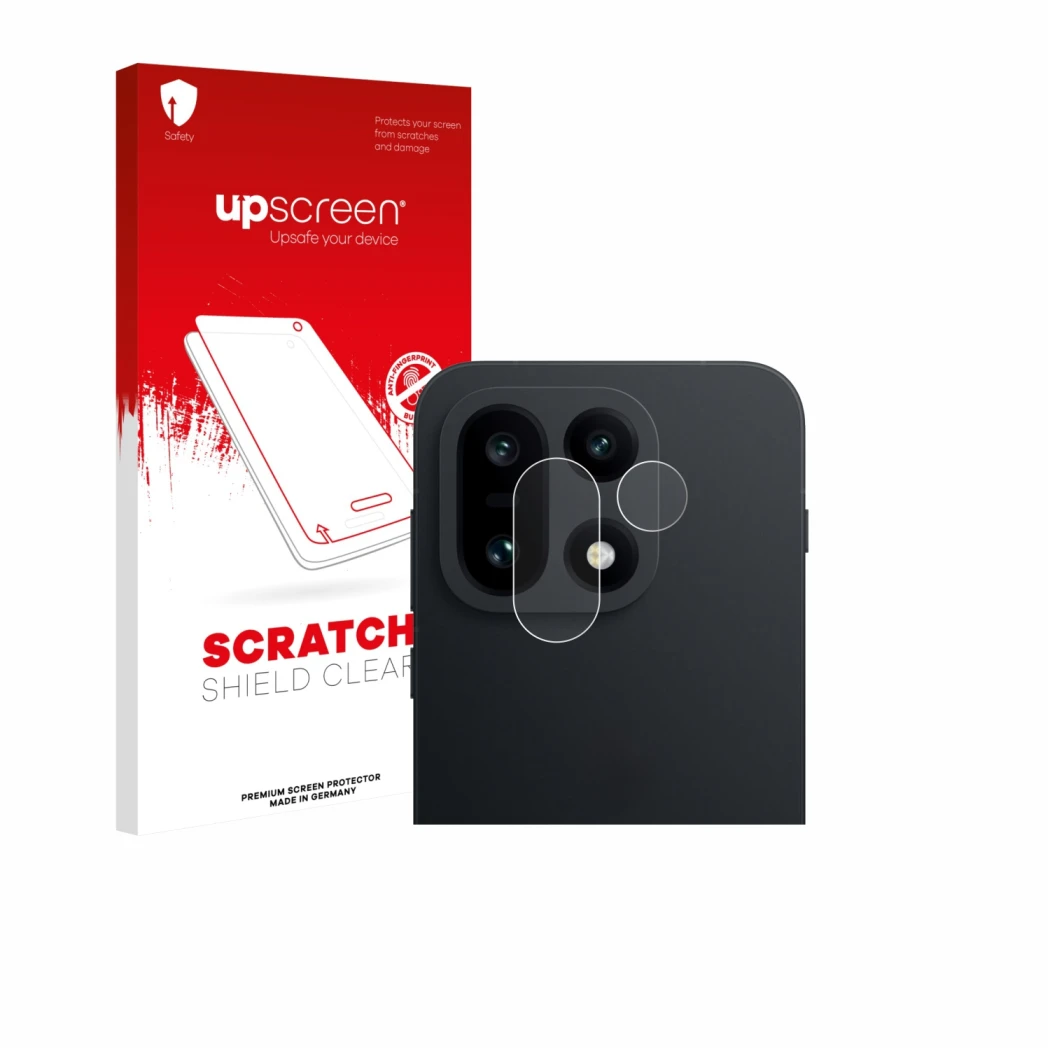 Parte frontal de un envase de producto con el logotipo de la marca upscreen. Al lado se muestra el dispositivo OnePlus 15 (SÓL