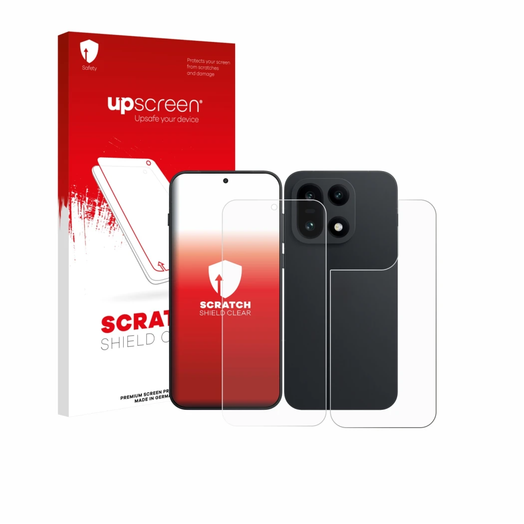 Parte frontal de un envase de producto con el logotipo de la marca upscreen. Al lado se muestra el dispositivo OnePlus 15 (Fro