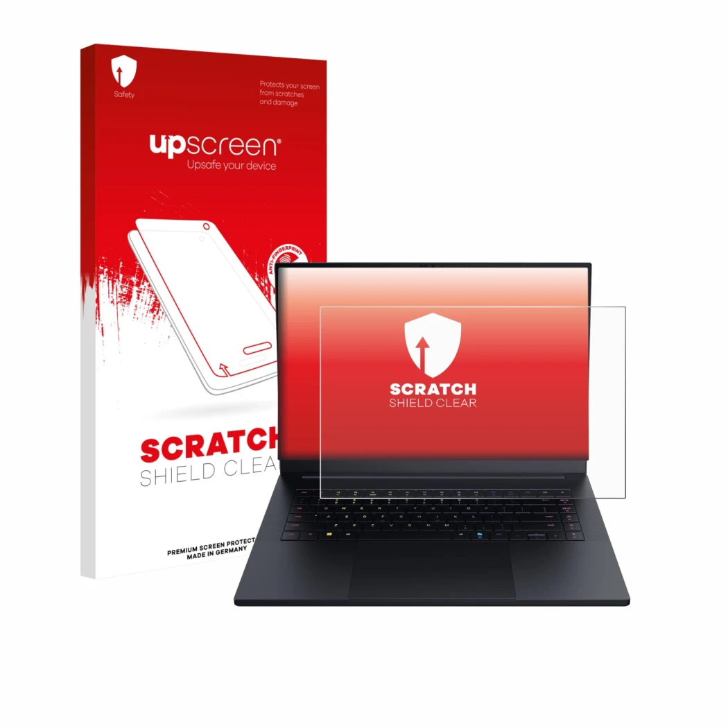 Parte frontal de un envase de producto con el logotipo de la marca upscreen. Al lado se muestra el dispositivo Razer Blade 16 