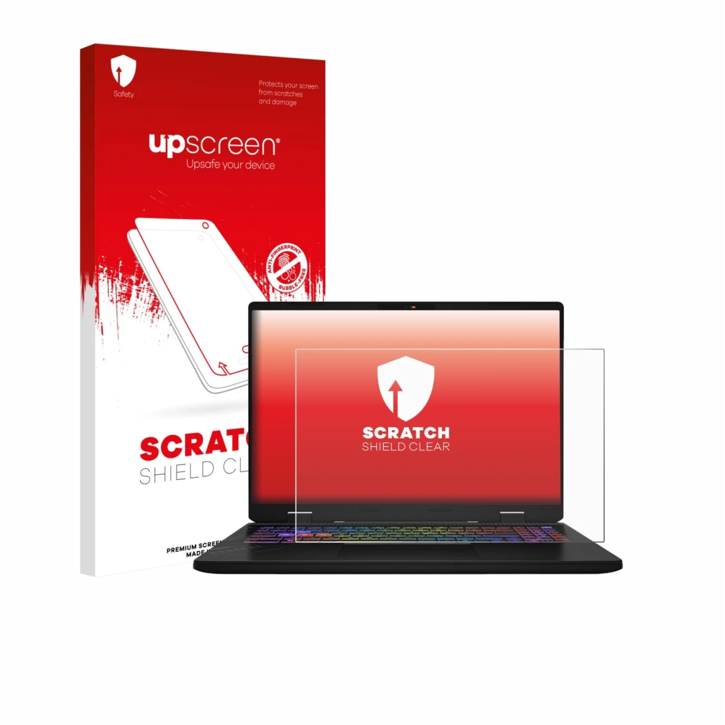 Parte frontal de un envase de producto con el logotipo de la marca upscreen. Al lado se muestra el dispositivo MSI Vector 16 H