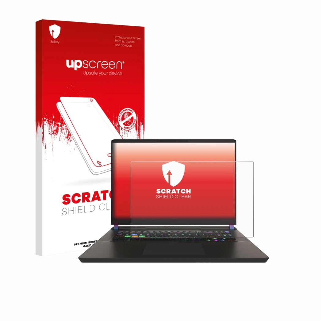 Parte frontal de un envase de producto con el logotipo de la marca upscreen. Al lado se muestra el dispositivo MSI Vector 17 H