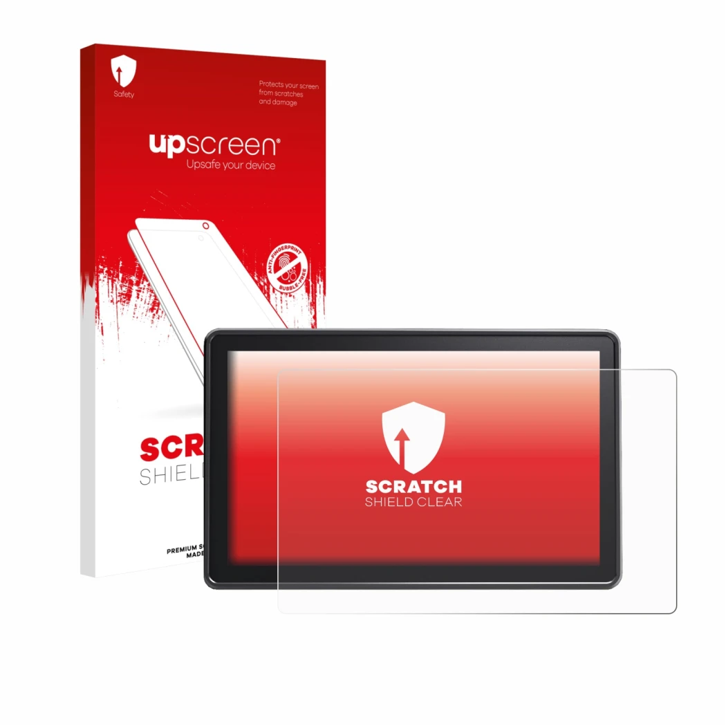 Parte frontal de un envase de producto con el logotipo de la marca upscreen. Al lado se muestra el dispositivo Osee G7 Pro con