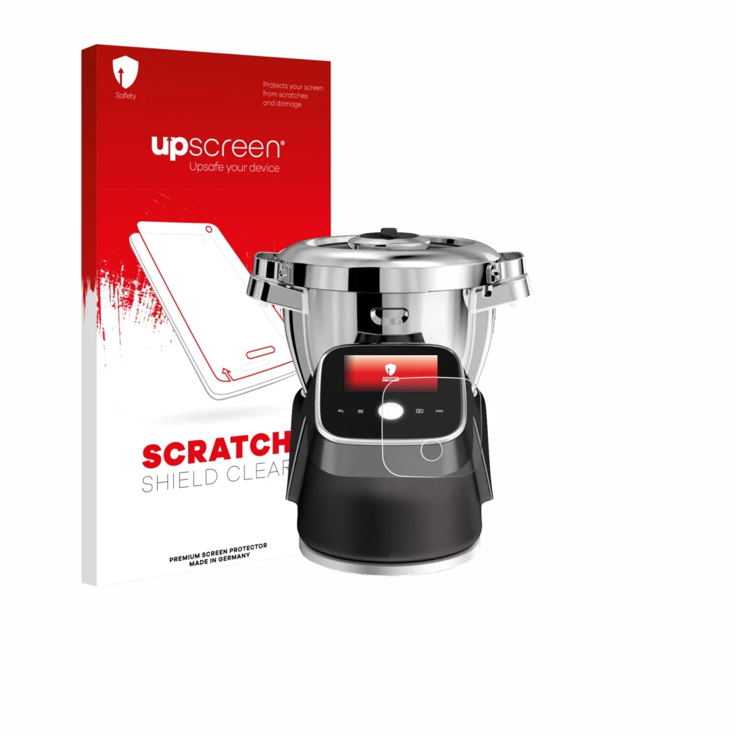 Parte frontal de un envase de producto con el logotipo de la marca upscreen. Al lado se muestra el dispositivo Moulinex i-Comp
