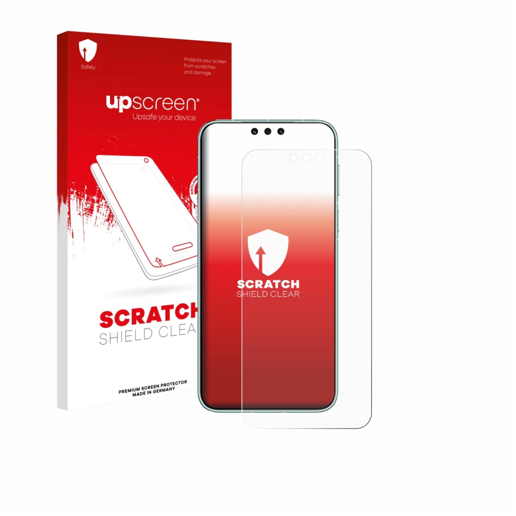 Parte frontal de un envase de producto con el logotipo de la marca upscreen. Al lado se muestra el dispositivo Huawei Mate 80