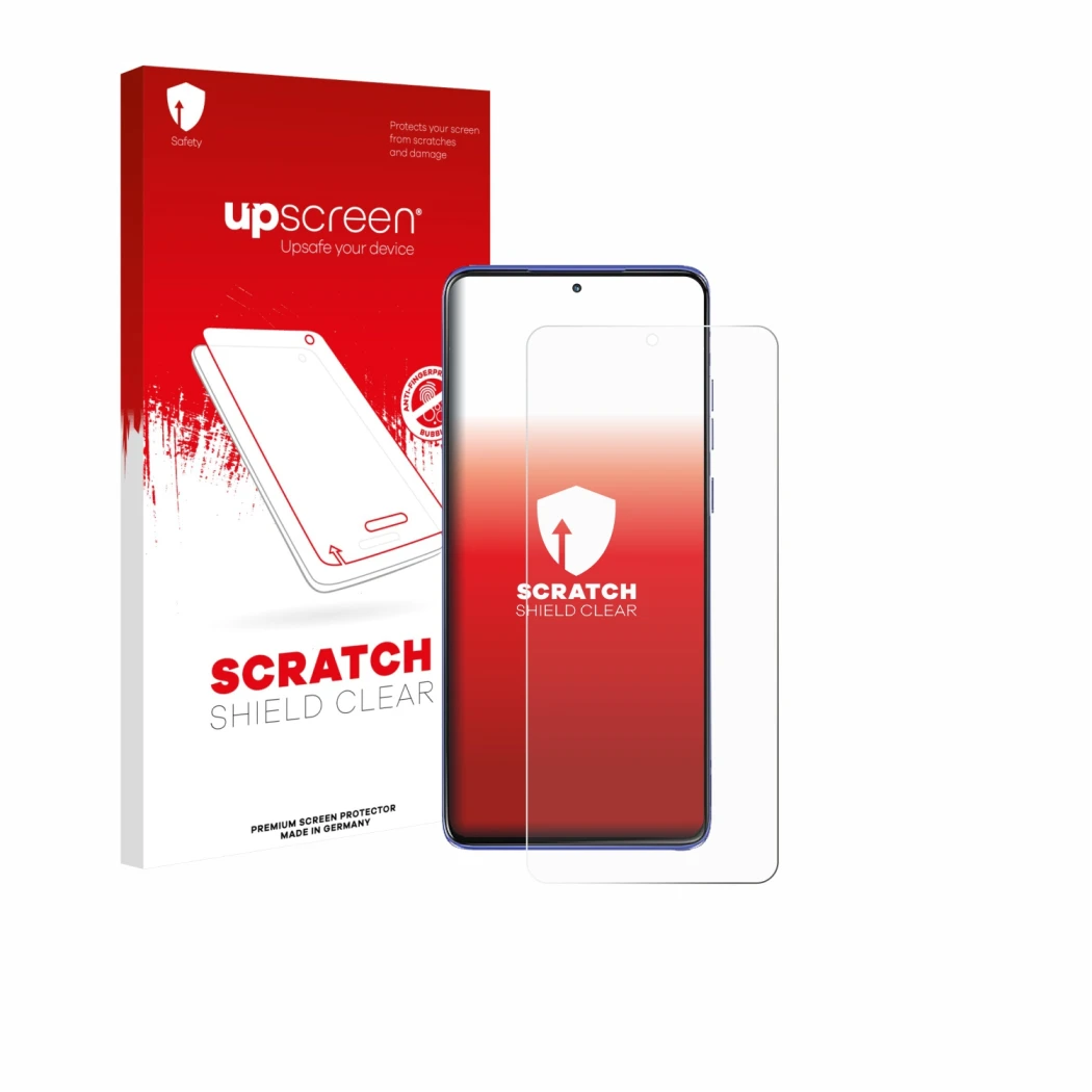 Parte frontal de un envase de producto con el logotipo de la marca upscreen. Al lado se muestra el dispositivo Motorola Edge 6