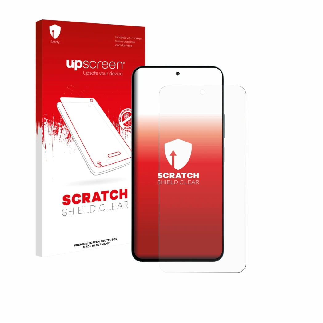 Parte frontal de un envase de producto con el logotipo de la marca upscreen. Al lado se muestra el dispositivo Xiaomi Poco M7