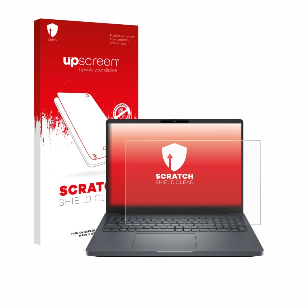 Parte frontal de un envase de producto con el logotipo de la marca upscreen. Al lado se muestra el dispositivo Dell Pro Max 16
