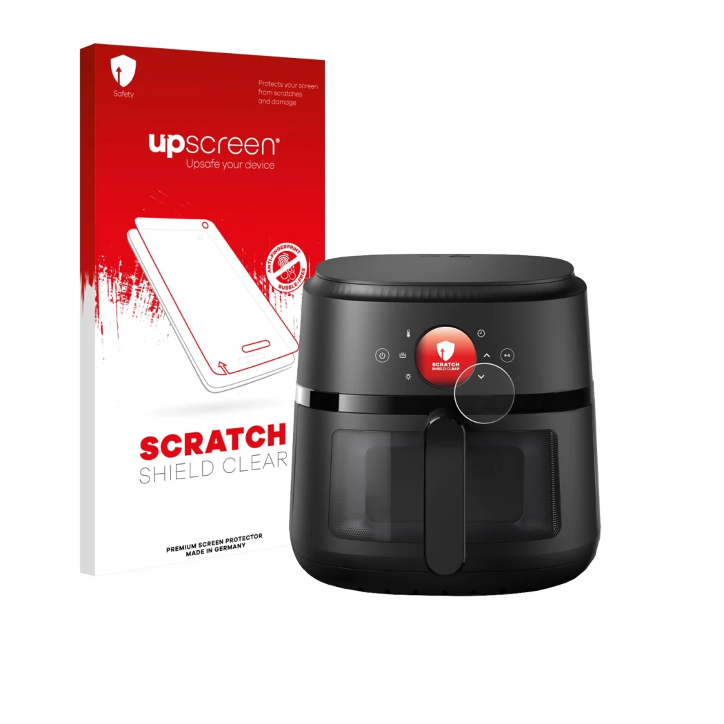 Parte frontal de un envase de producto con el logotipo de la marca upscreen. Al lado se muestra el dispositivo Philips Airfrye