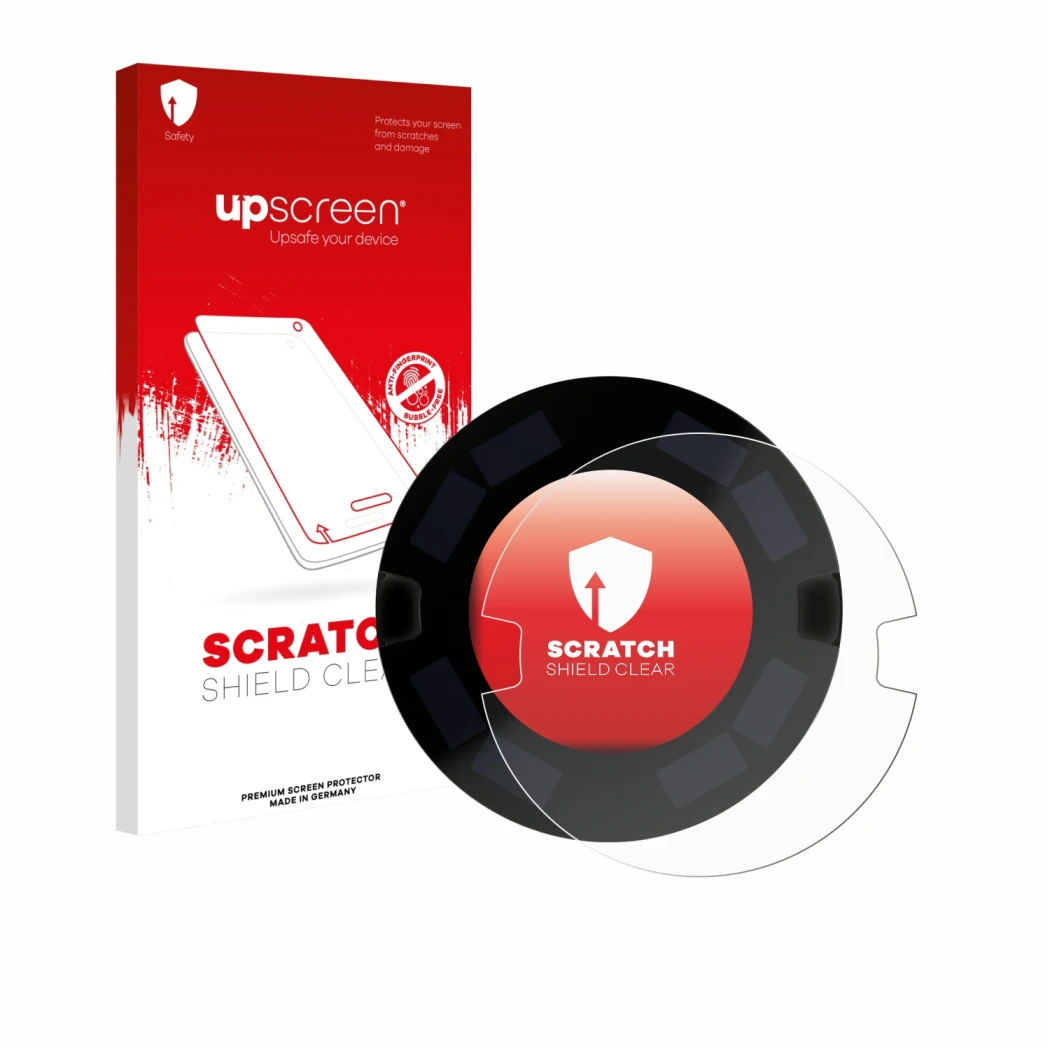 Parte frontal de un envase de producto con el logotipo de la marca upscreen. Al lado se muestra el dispositivo OOONO P-DISC NO
