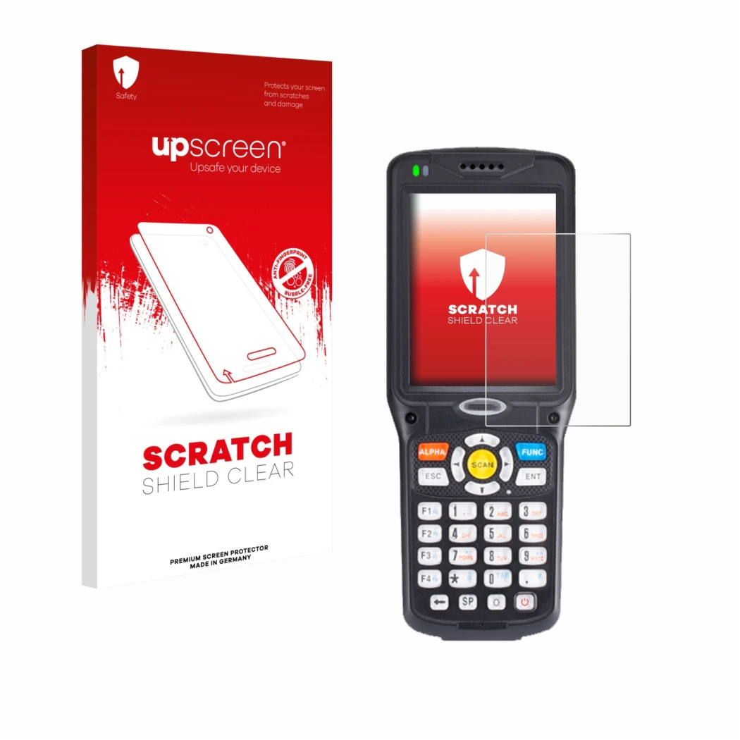 Parte frontal de un envase de producto con el logotipo de la marca upscreen. Al lado se muestra el dispositivo Unitech HT510A 
