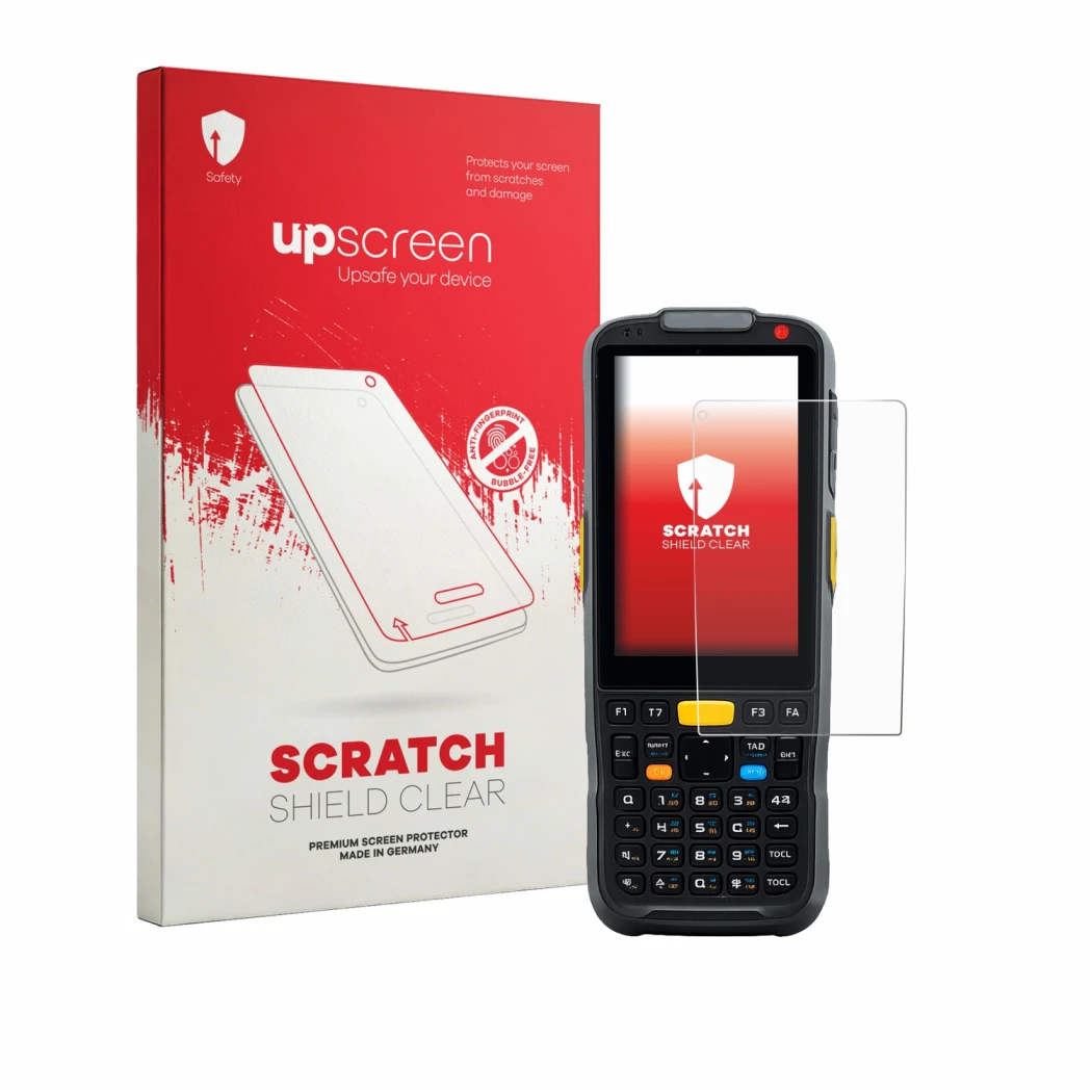 Parte frontal de un envase de producto con el logotipo de la marca upscreen. Al lado se muestra el dispositivo Newland PT60 Na