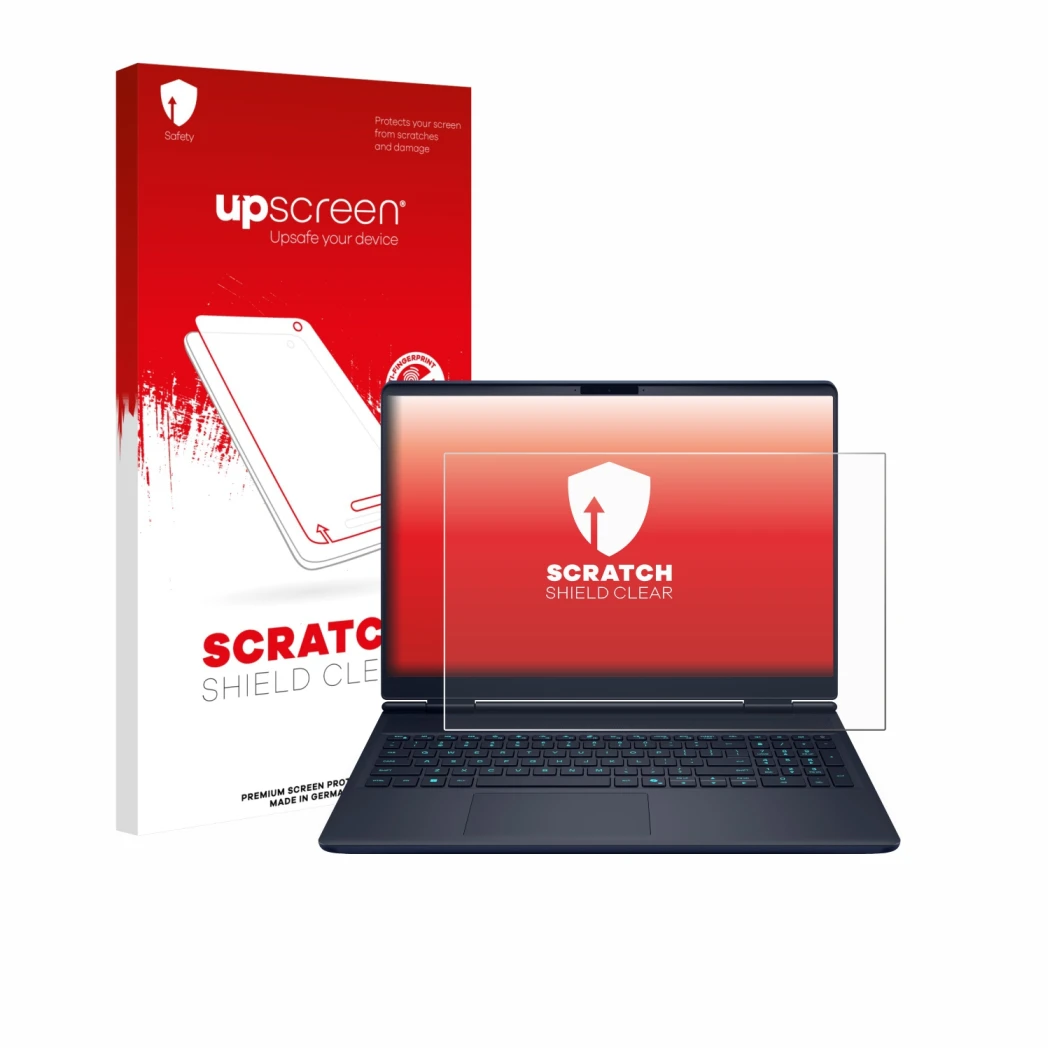 Parte frontal de un envase de producto con el logotipo de la marca upscreen. Al lado se muestra el dispositivo Dell Alienware