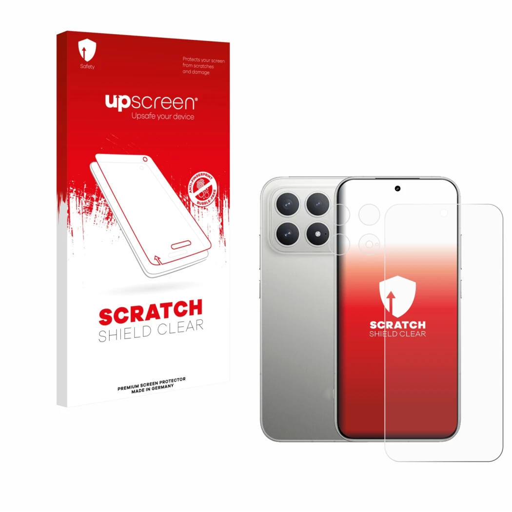 Parte frontal de un envase de producto con el logotipo de la marca upscreen. Al lado se muestra el dispositivo Xiaomi Poco F8