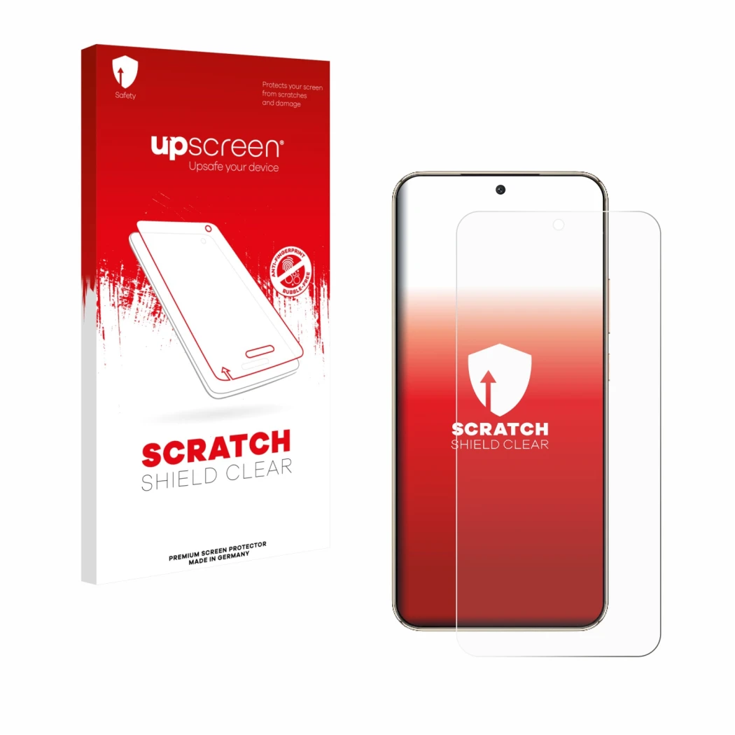 Parte frontal de un envase de producto con el logotipo de la marca upscreen. Al lado se muestra el dispositivo Honor Magic 8 L