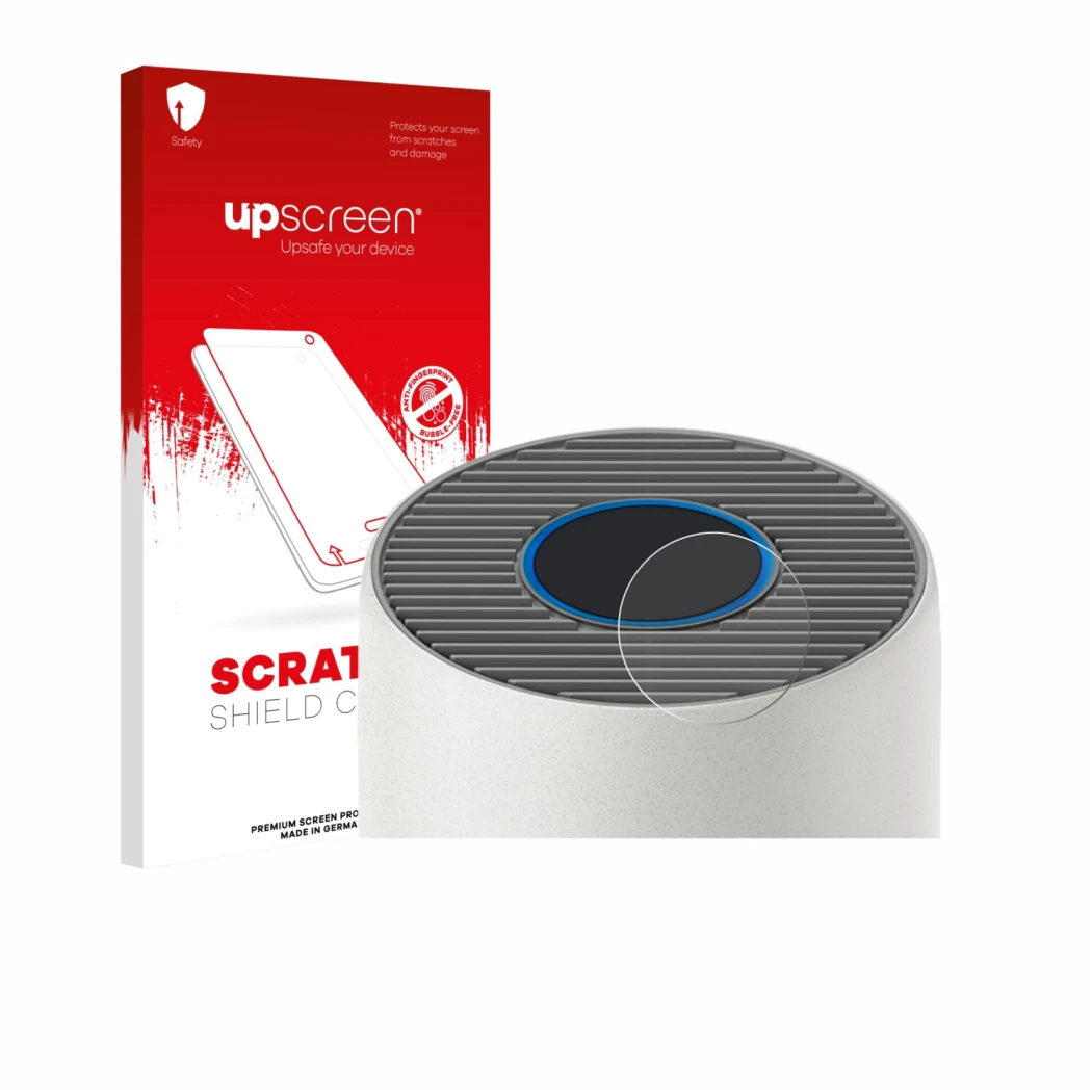 Parte frontal de un envase de producto con el logotipo de la marca upscreen. Al lado se muestra el dispositivo Philips 2000i S