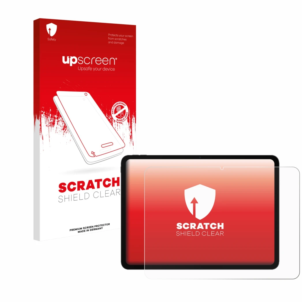 Parte frontal de un envase de producto con el logotipo de la marca upscreen. Al lado se muestra el dispositivo OnePlus Pad Go 