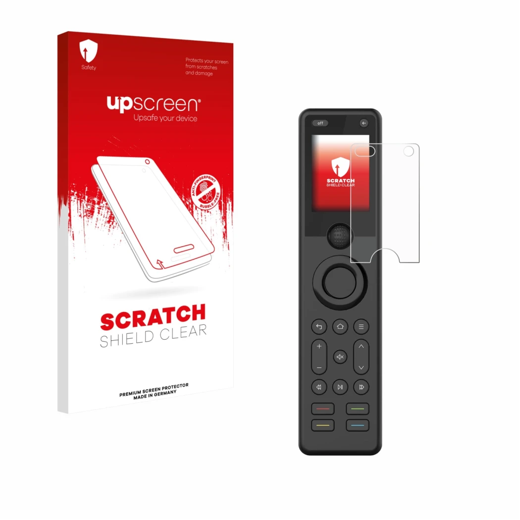 Parte frontal de un envase de producto con el logotipo de la marca upscreen. Al lado se muestra el dispositivo Sofabaton X1S c