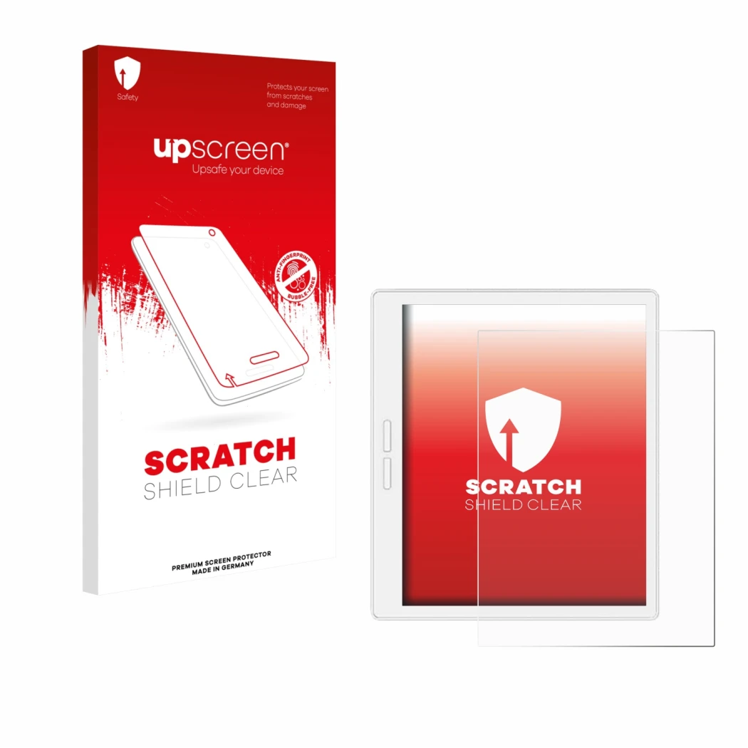 Parte frontal de un envase de producto con el logotipo de la marca upscreen. Al lado se muestra el dispositivo Bigme B751C-S c