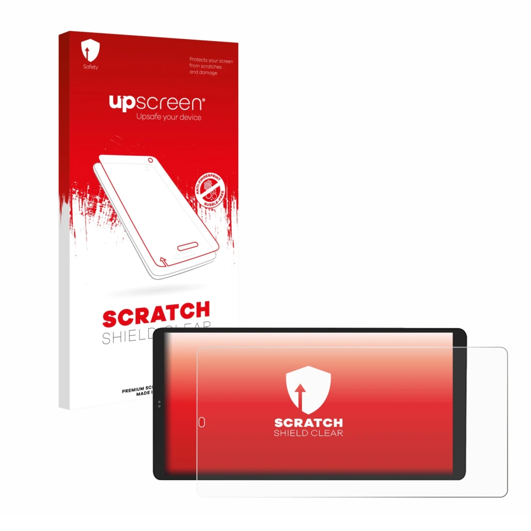 Parte frontal de un envase de producto con el logotipo de la marca upscreen. Al lado se muestra el dispositivo Shelly Wall Dis