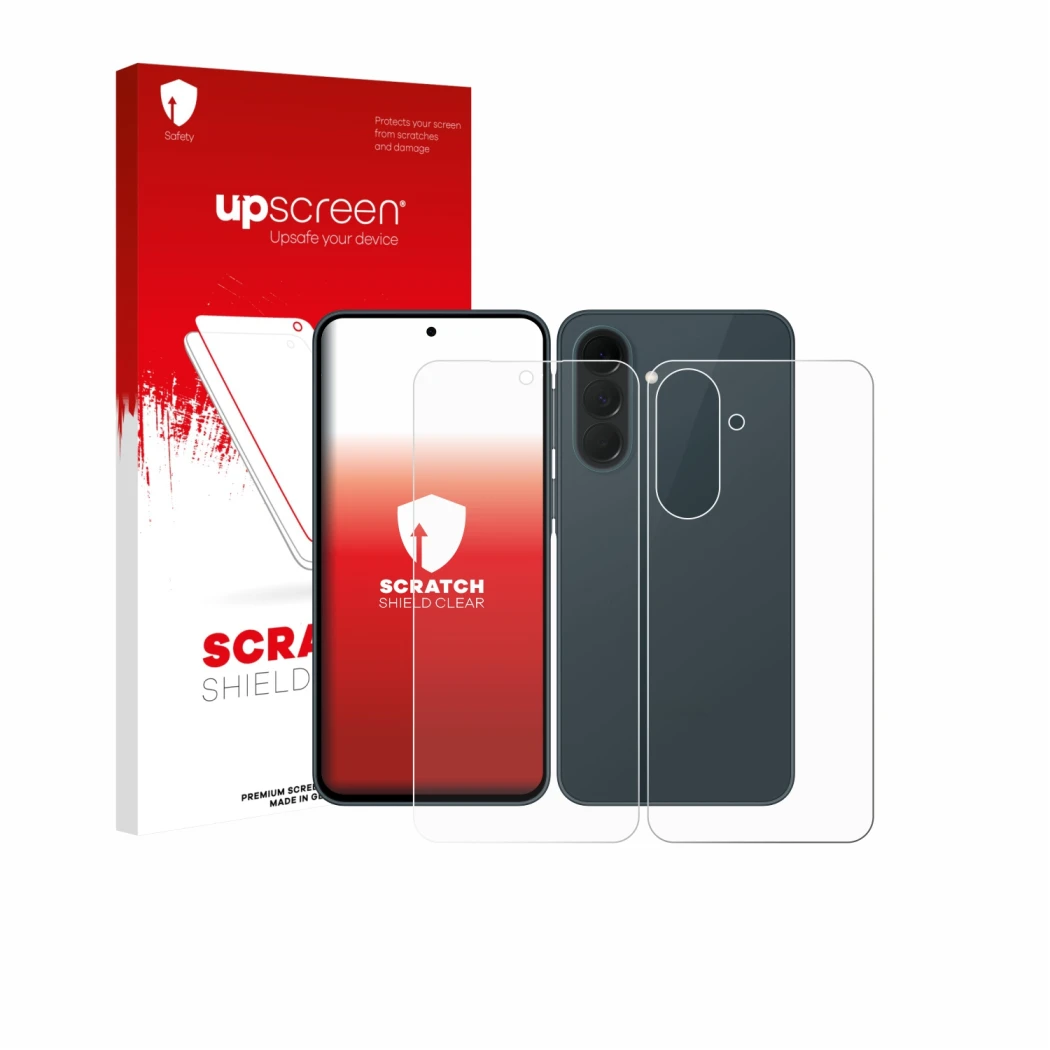 Parte frontal de un envase de producto con el logotipo de la marca upscreen. Al lado se muestra el dispositivo Samsung Galaxy 