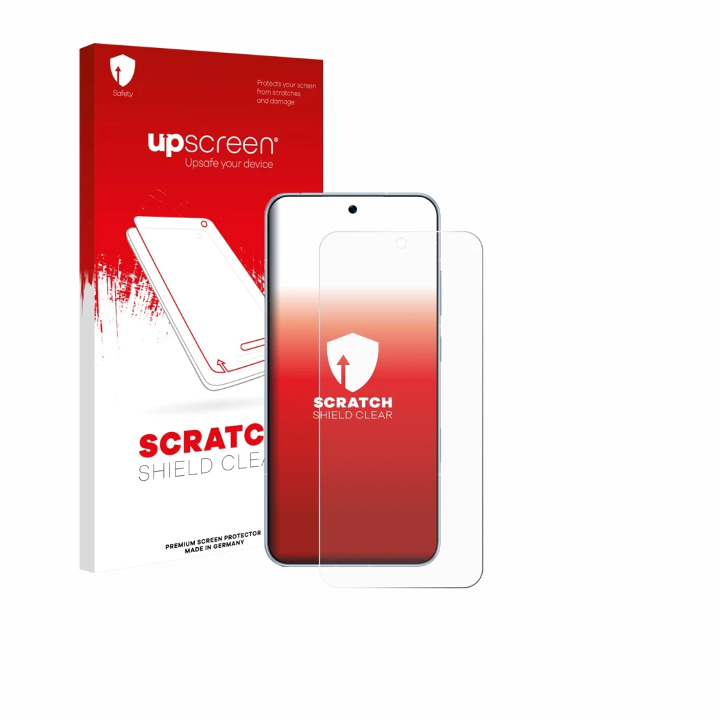Parte frontal de un envase de producto con el logotipo de la marca upscreen. Al lado se muestra el dispositivo Honor Win RT co