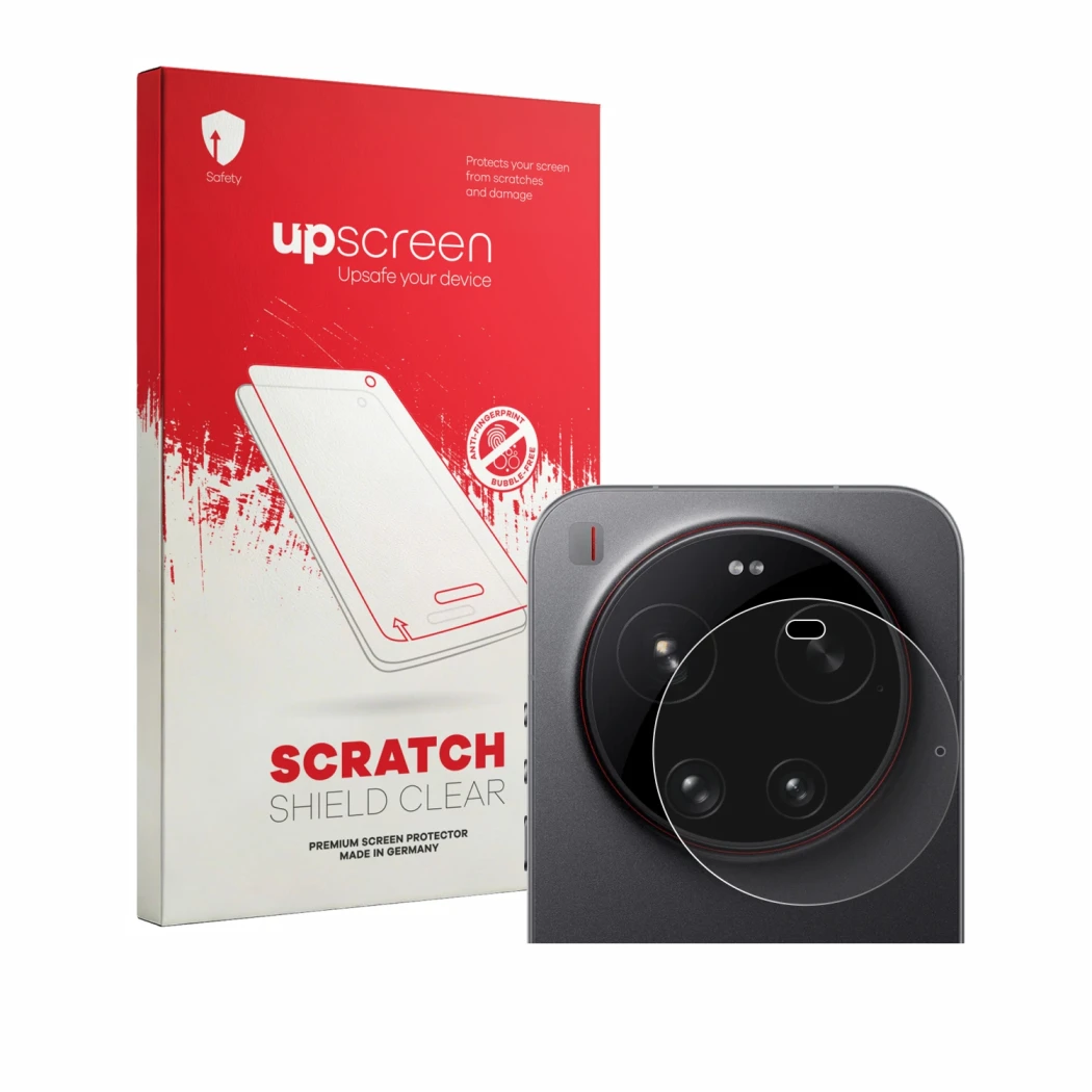 Parte frontal de un envase de producto con el logotipo de la marca upscreen. Al lado se muestra el dispositivo Xiaomi 17 Ultra