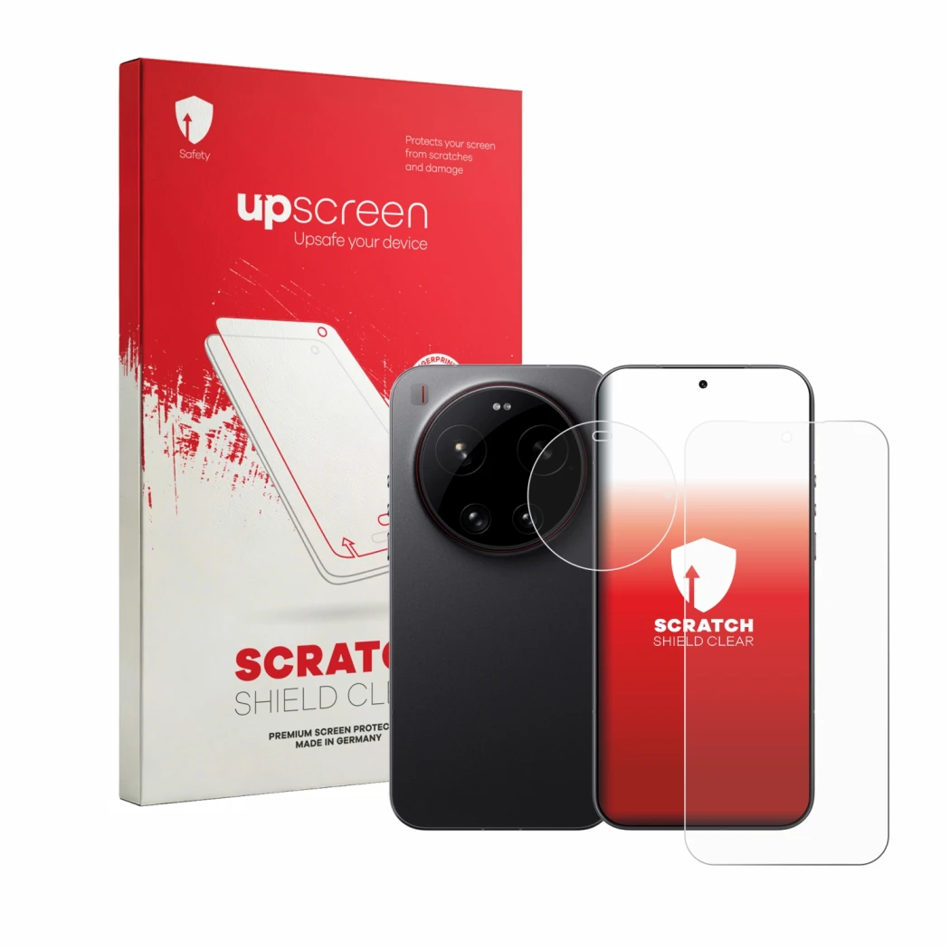 Parte frontal de un envase de producto con el logotipo de la marca upscreen. Al lado se muestra el dispositivo Xiaomi 17 Ultra