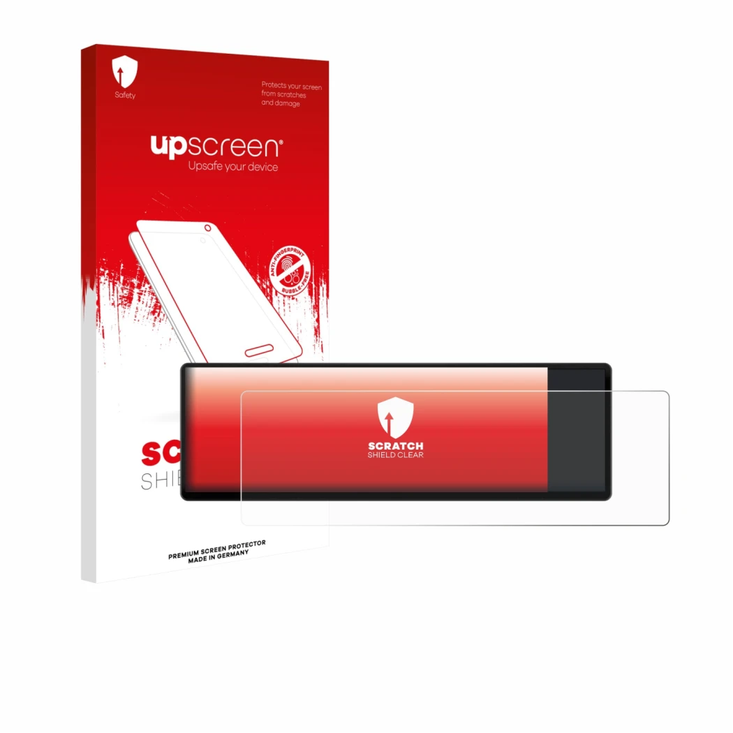 Parte frontal de un envase de producto con el logotipo de la marca upscreen. Al lado se muestra el dispositivo Corsair Xeneon