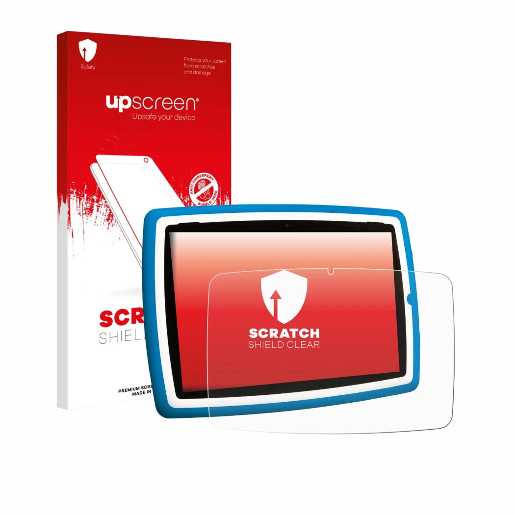Parte frontal de un envase de producto con el logotipo de la marca upscreen. Al lado se muestra el dispositivo Lisciani Mio Ta