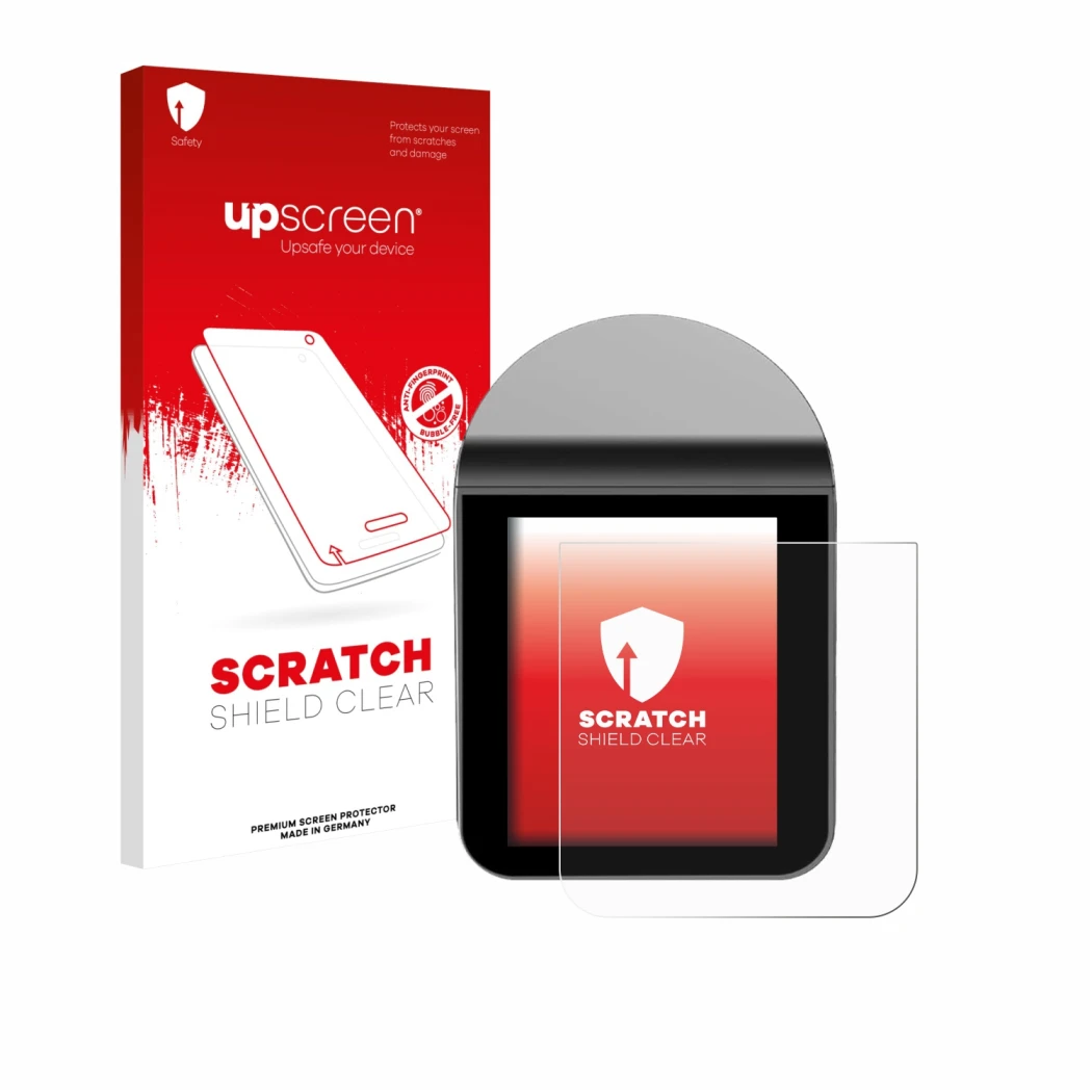 Parte frontal de un envase de producto con el logotipo de la marca upscreen. Al lado se muestra el dispositivo KitchenBoss G33