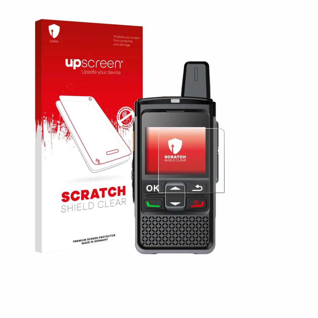 Parte frontal de un envase de producto con el logotipo de la marca upscreen. Al lado se muestra el dispositivo Hytera PNC360S