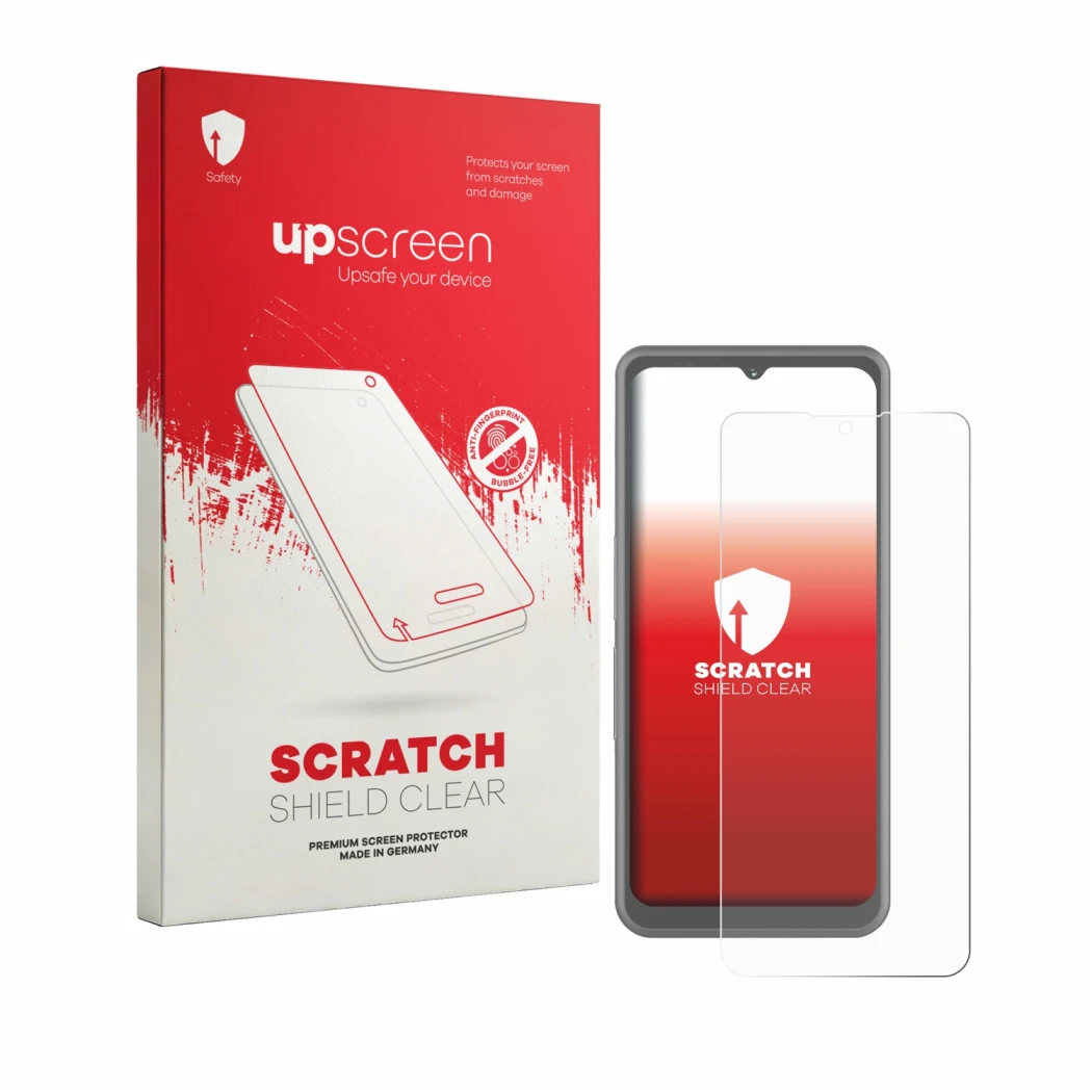 Parte frontal de un envase de producto con el logotipo de la marca upscreen. Al lado se muestra el dispositivo Sonim XP Pro Th