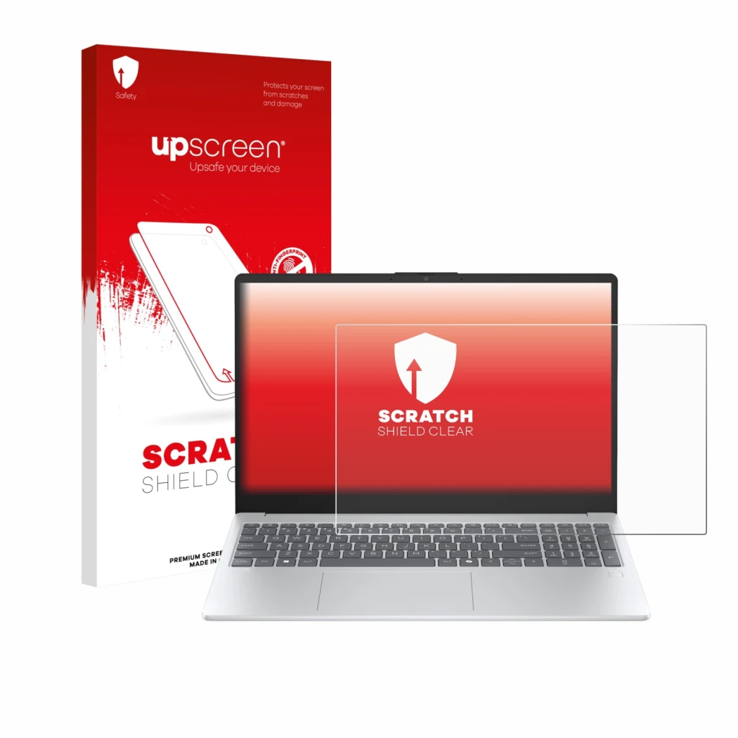 Parte frontal de un envase de producto con el logotipo de la marca upscreen. Al lado se muestra el dispositivo HP OmniBook 3 1