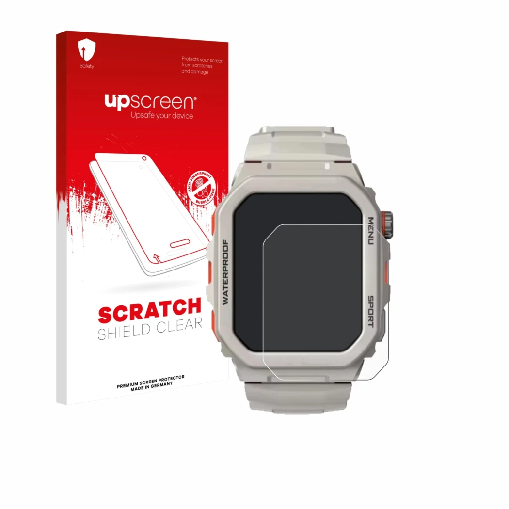 Parte frontal de un envase de producto con el logotipo de la marca upscreen. Al lado se muestra el dispositivo Rogbid Tank G2 