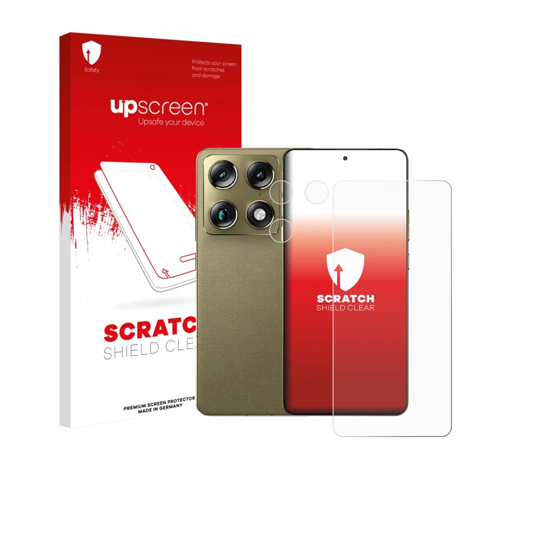 Parte frontal de un envase de producto con el logotipo de la marca upscreen. Al lado se muestra el dispositivo Motorola Signat