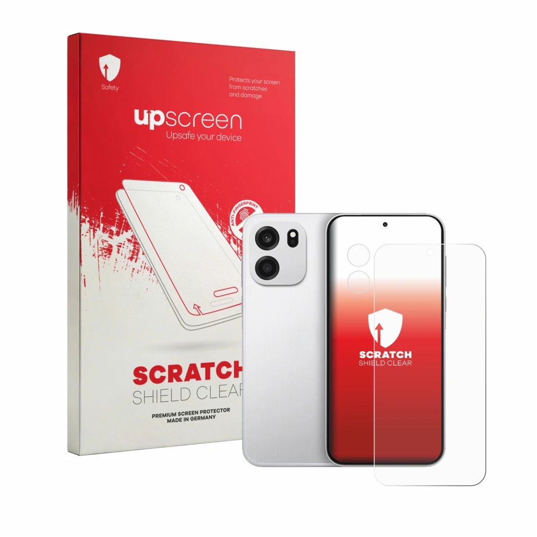 Parte frontal de un envase de producto con el logotipo de la marca upscreen. Al lado se muestra el dispositivo OnePlus Turbo 6